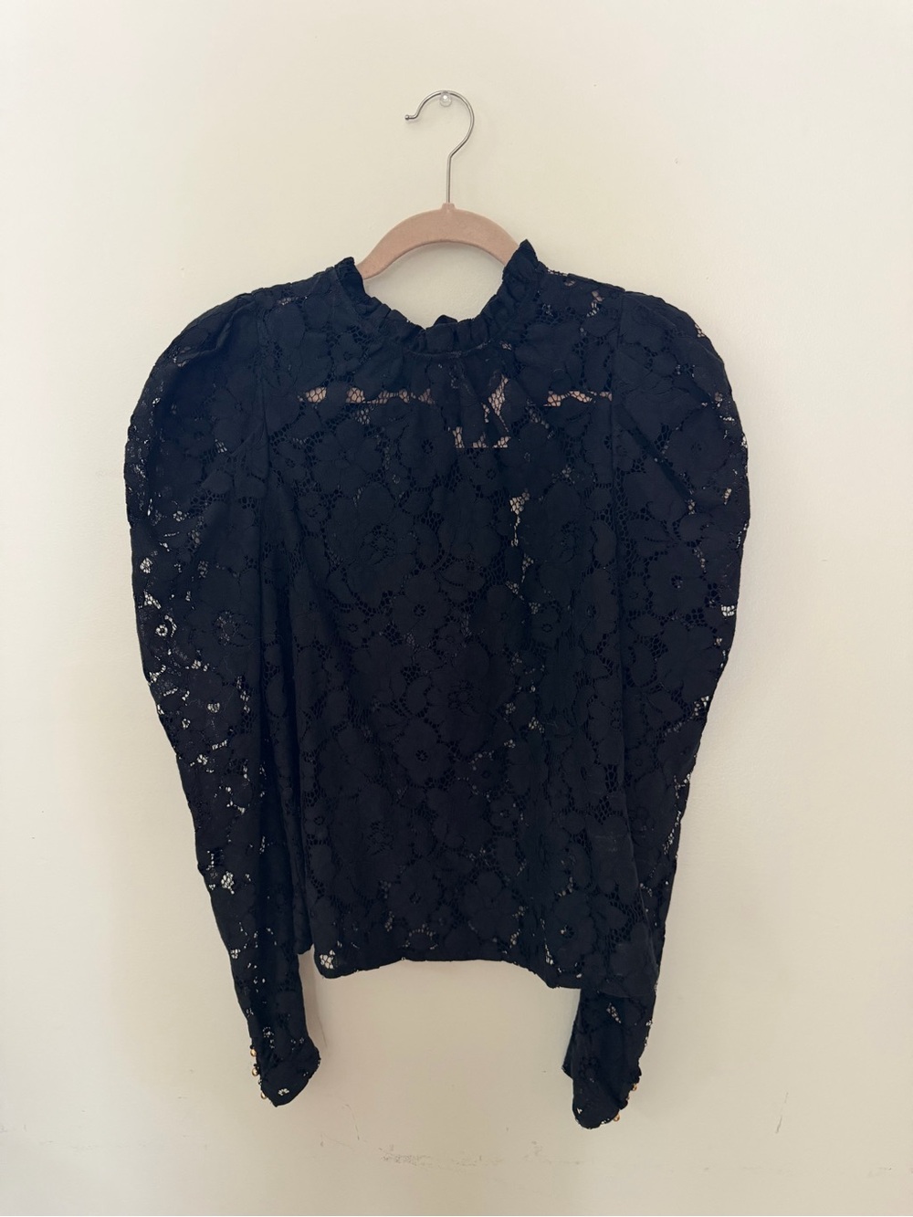 Olivaceous Black Lace Puff-Sleeve Blouse